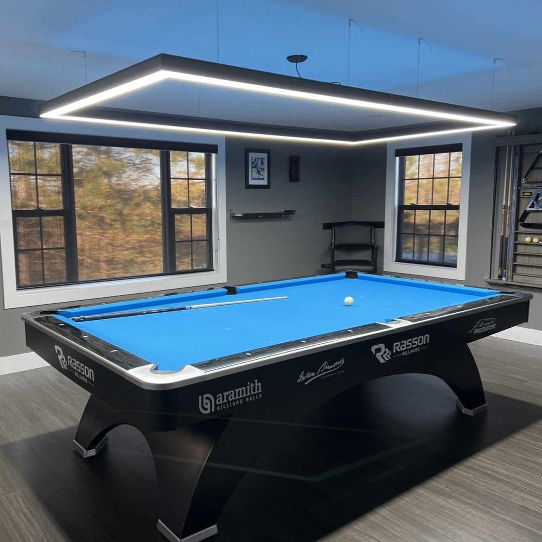 Modern pool table lighting over a Rasson Pool table in a game room