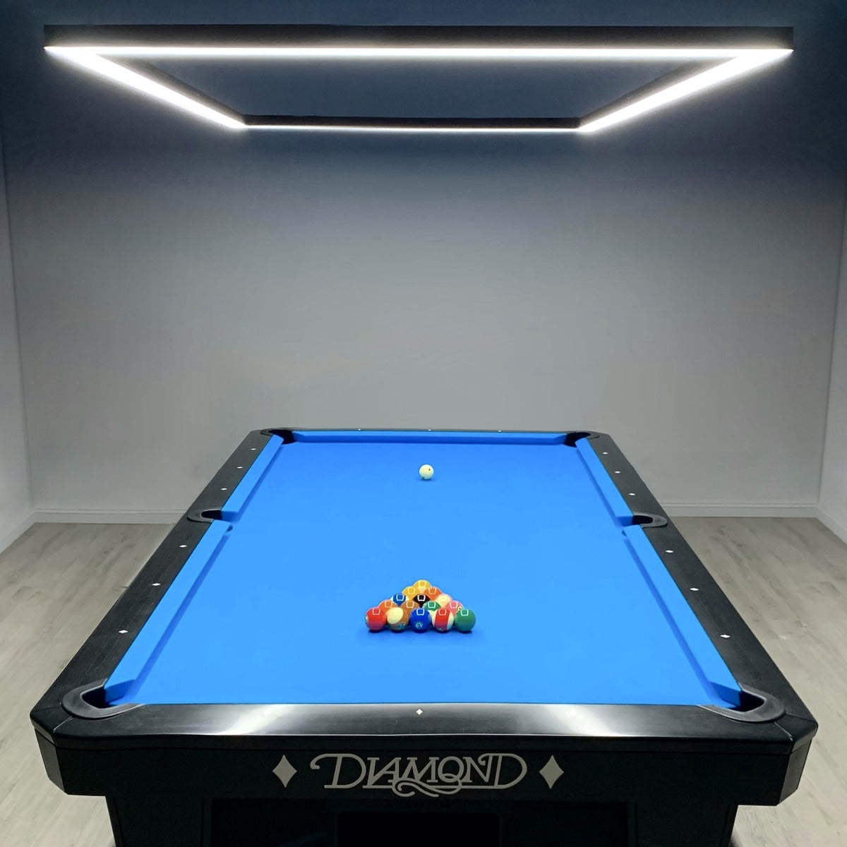 LED pool table light over a diamond pool table - front