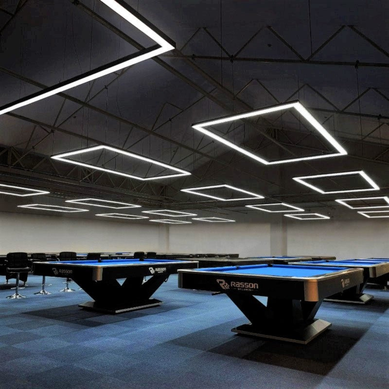 LED billiards lights and pool tables in a pool hall